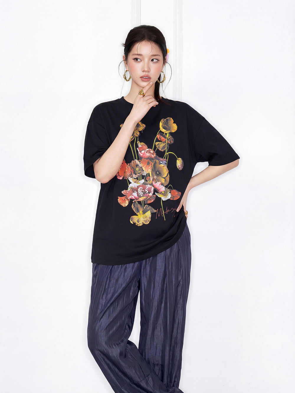 MUKZIN "Flourishing Blooms" Chinese Trend Artistic Floral Loose Black Short-Sleeve T-Shirt