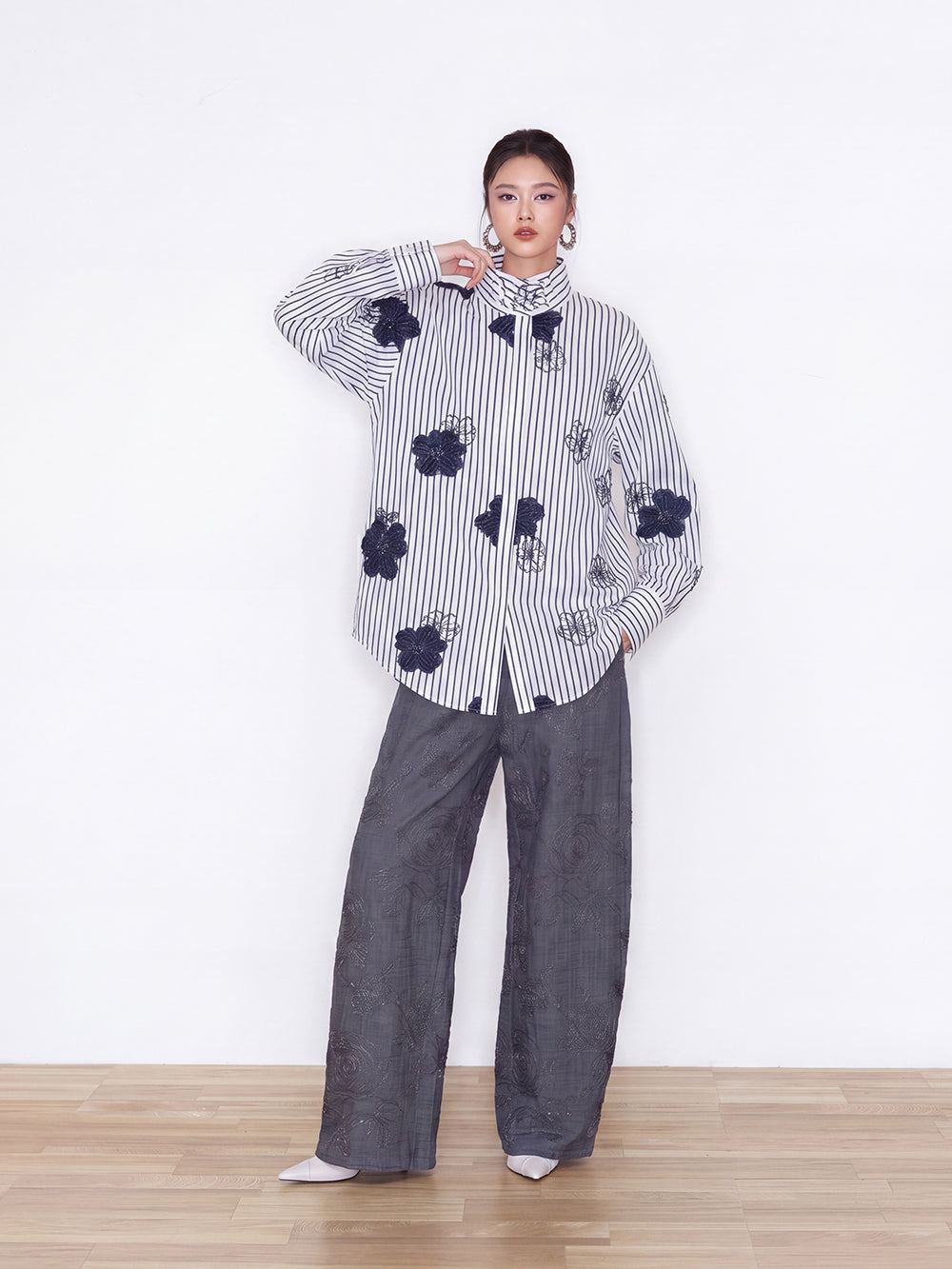 MUKZIN×Capsule Collection New Chinese-Style Embroidered Striped Long Sleeve Shirt
