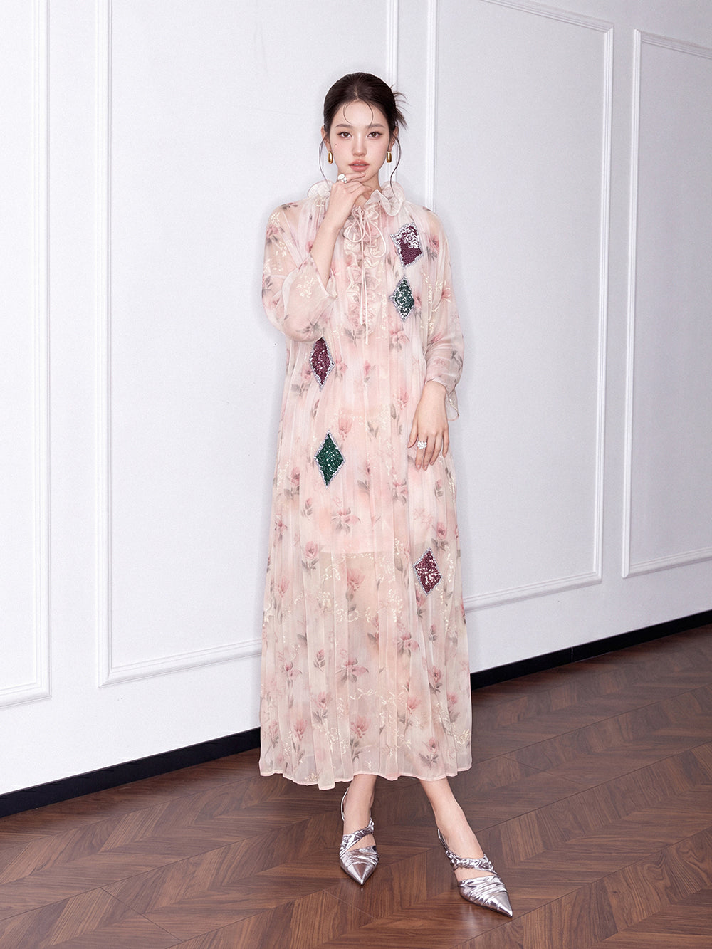 MUKZIN×Capsule Collection Chinese-Style Loose Floral Dress with Hami Hand Embroidery