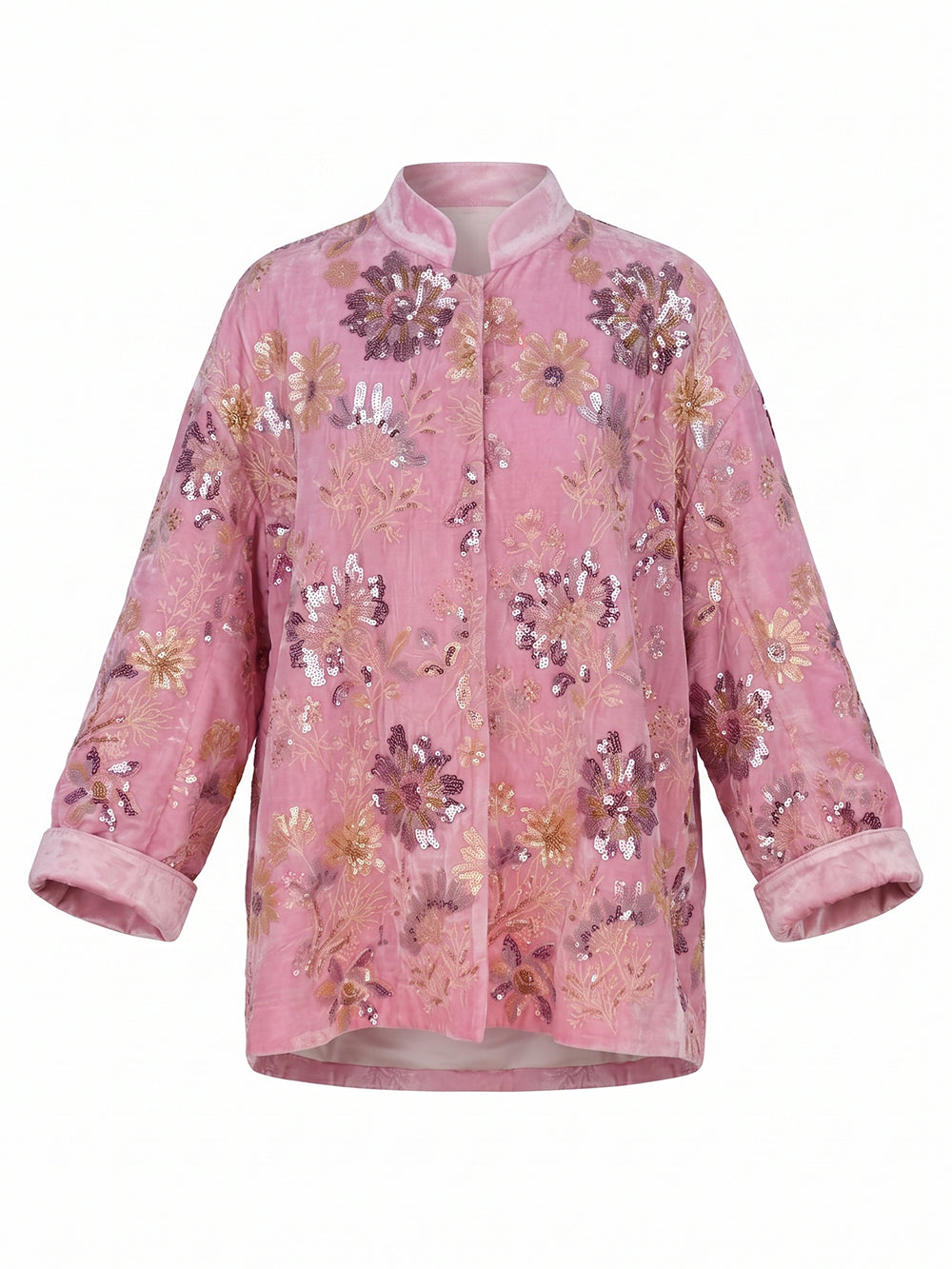 MUKZIN×Capsule Collection New Chinese-Style Pink Velvet Jacket with Floral Embroidery and Stand Collar