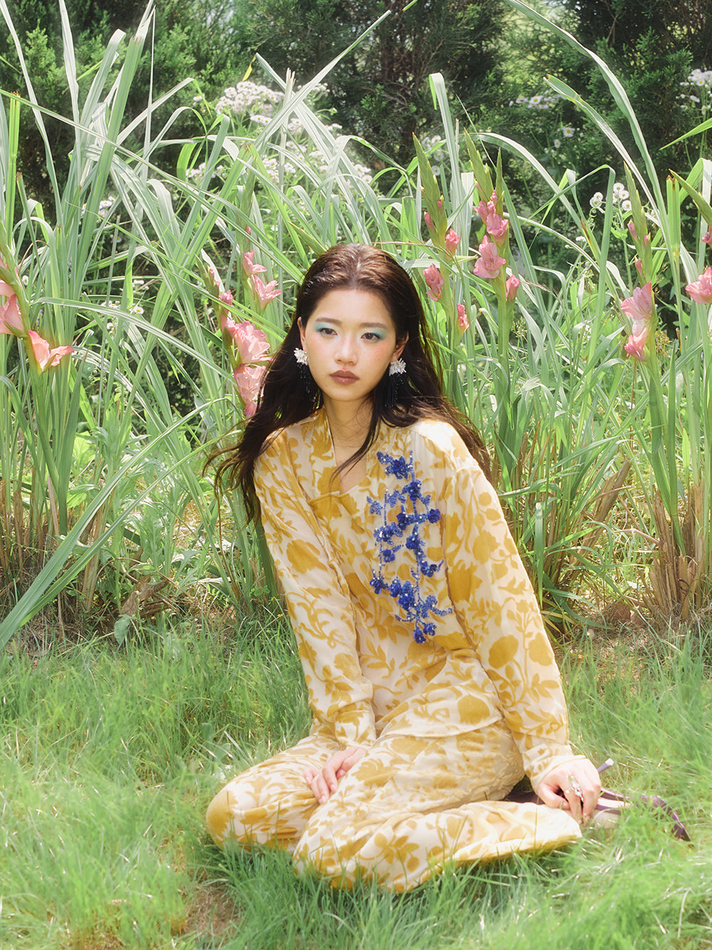 MUKZIN×Capsule Collection New Chinese-style V-neck printed long-sleeved orange shirt