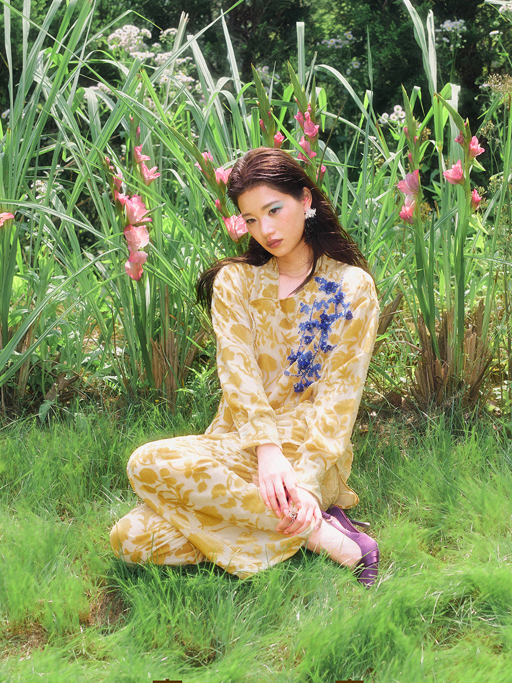 MUKZINxCapsule Collection New Chinese‑Style Oblique Placket Printed Long‑Sleeve Orange Trousers