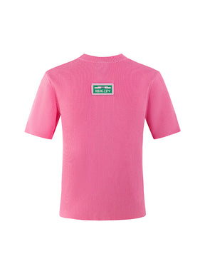 MUKZIN Pink Applique Embroidery Knit Short Round Neck T-shirts