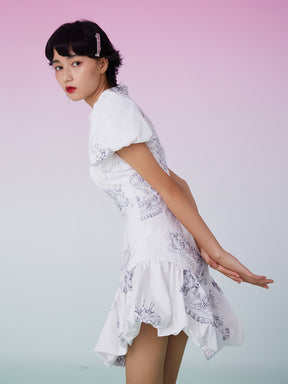 MUKZIN Ruffle Hem White Cheongsam