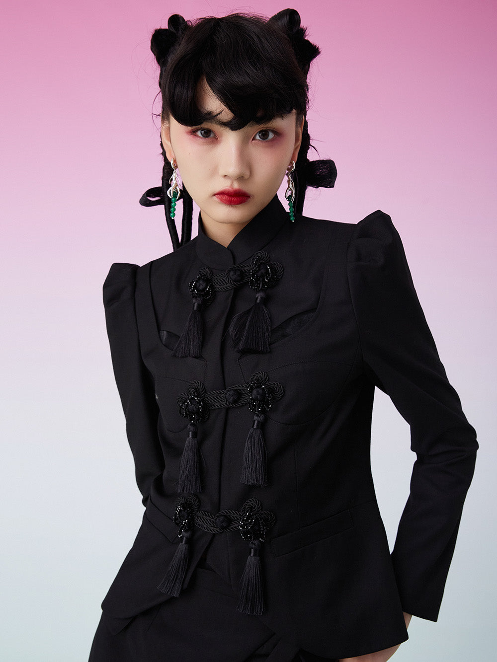 MUKZIN Shoulder Pads Fringe Black Suit Coat