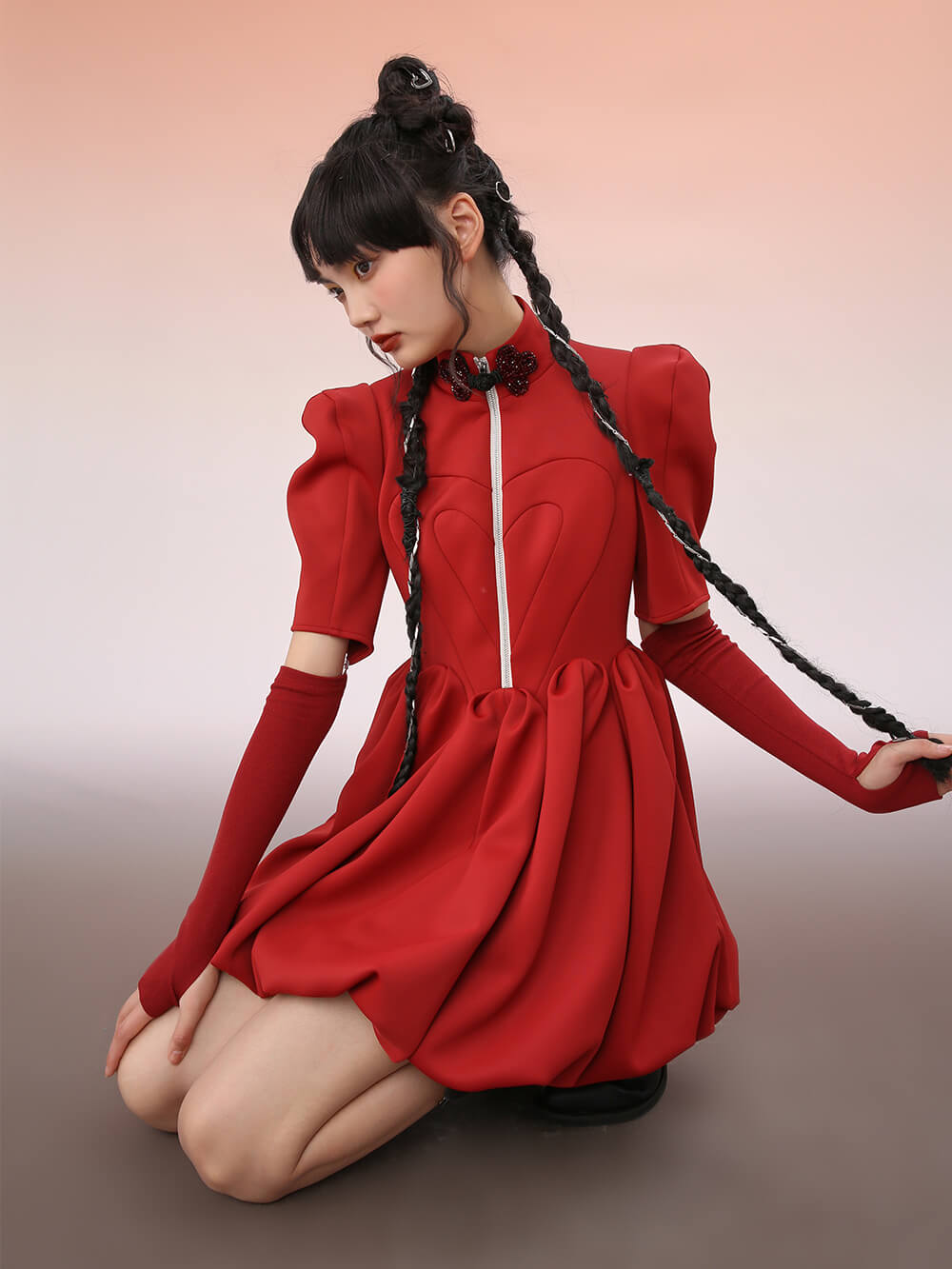 MUKZIN Sleeve Split Red Pleated Midi Dress