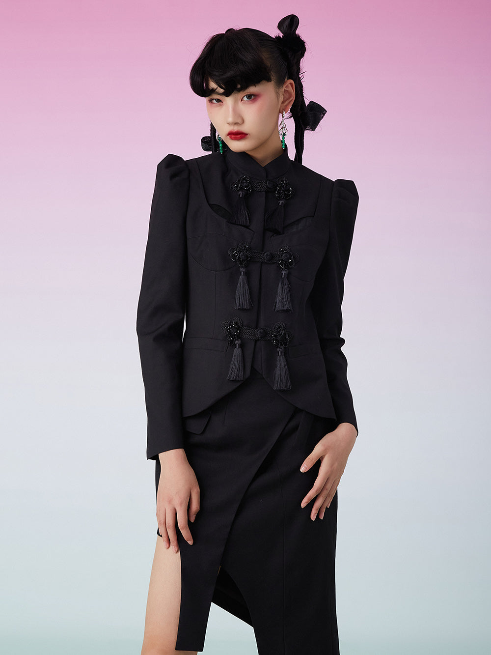 MUKZIN Shoulder Pads Fringe Black Suit Coat