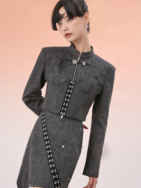 MUKZIN Black Chinese Style Buckle Design Cropped Jacket