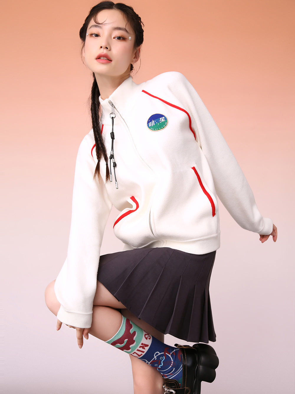 MUKZIN White And Red Contrast Color Mosaic Casual Sports Knitted Jacket