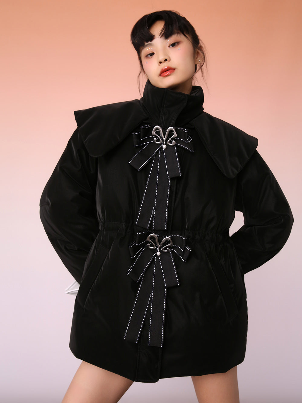 MUKZIN Black Bow Mid-Length Cute Style Down Jacket