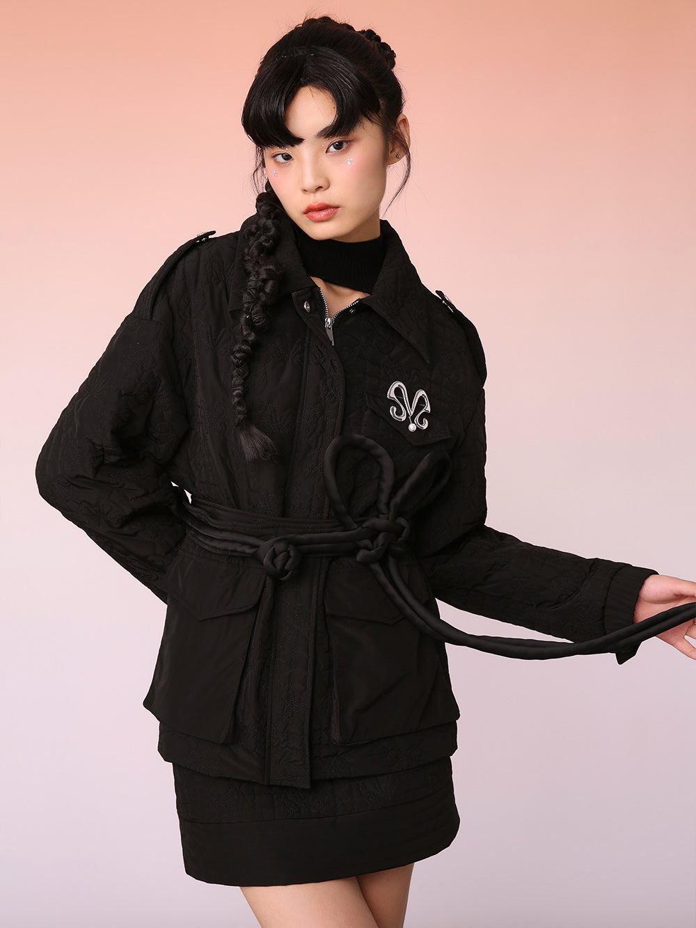 MUKZIN Black Knit Jacquard Jacket with Waist Panel