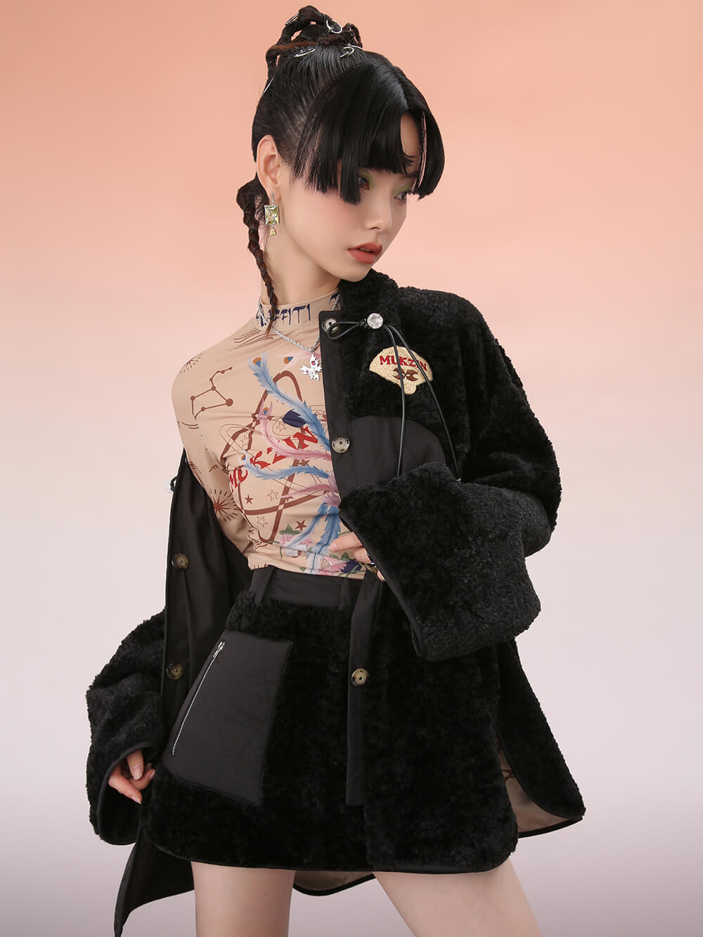 MUKZIN Cropped Black Patchwork Fur Coat