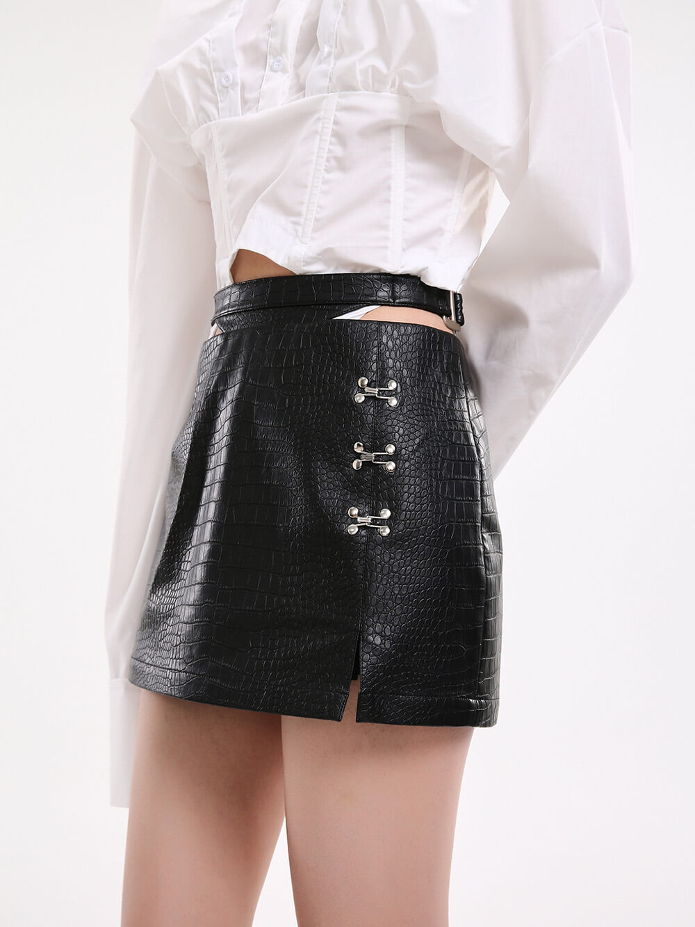 MUKZIN Black Waist Cutout Leather Skirt