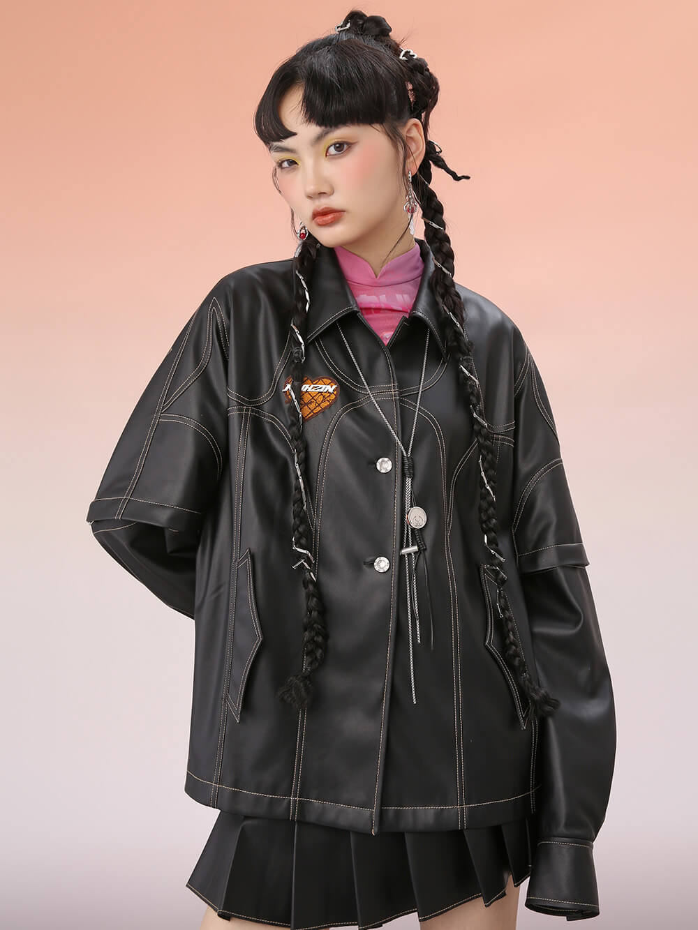 MUKZIN Mid-length black PU jacket