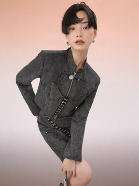 MUKZIN Black Chinese Style Buckle Design Cropped Jacket