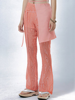 MUKTANK X COOLOTHES Smudged Bird Feather Textured Chiffon Lace-Up Bag Flare Pink Pants