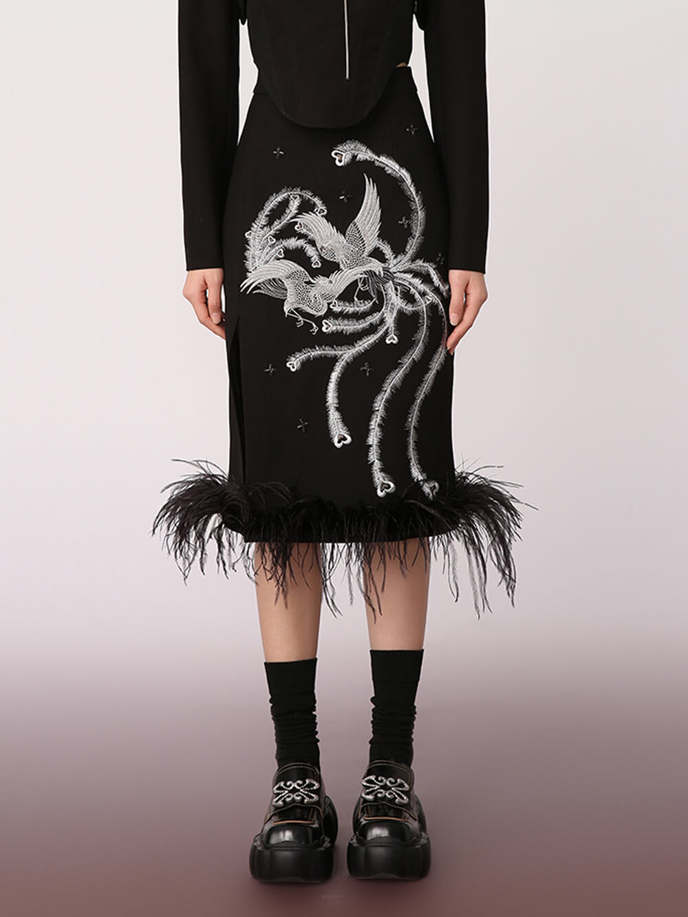 MUKZIN Mid-Length Black Embroidered Skirt