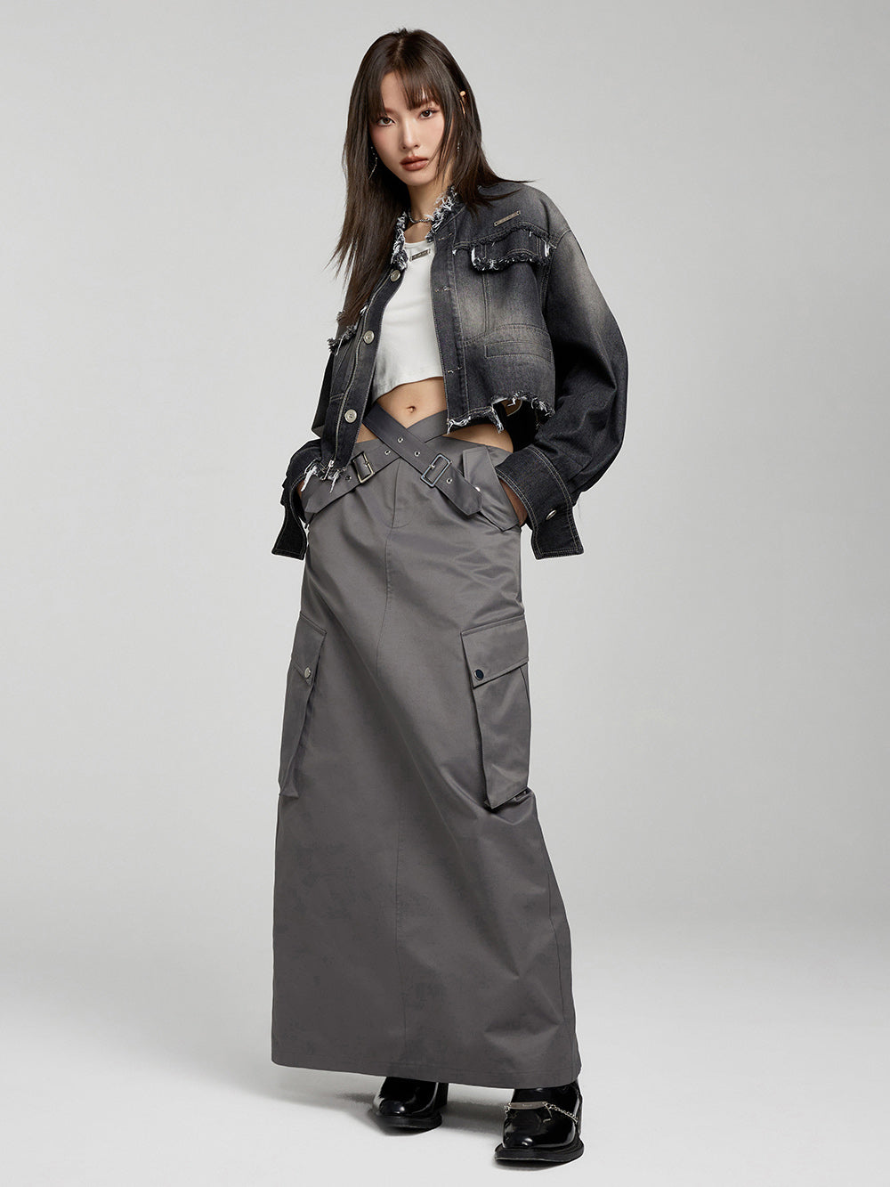 MUKTANK×WESAME Casual Fashion Cross Belt Design Skirt Slit Slim