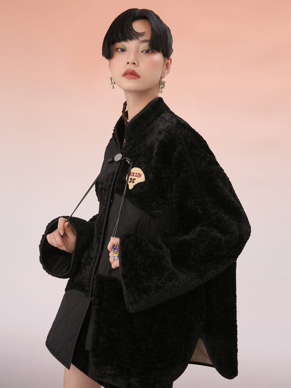 MUKZIN Cropped Black Patchwork Fur Coat