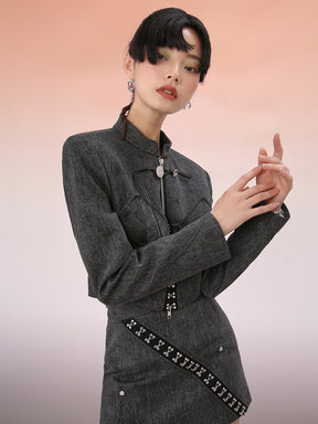 MUKZIN Black Chinese Style Buckle Design Cropped Jacket