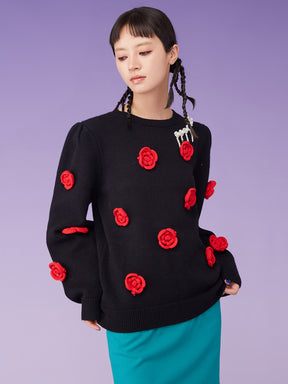 MUKZIN Knit Round-Neck Beads Froral Black Sweater