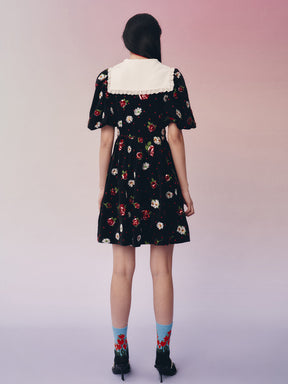 MUKZIN Black Floral Dress with White Baby Collar