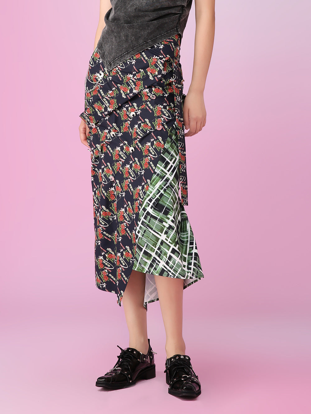 MUKZIN Rose Printing Irregular A-line Stitching Skirts