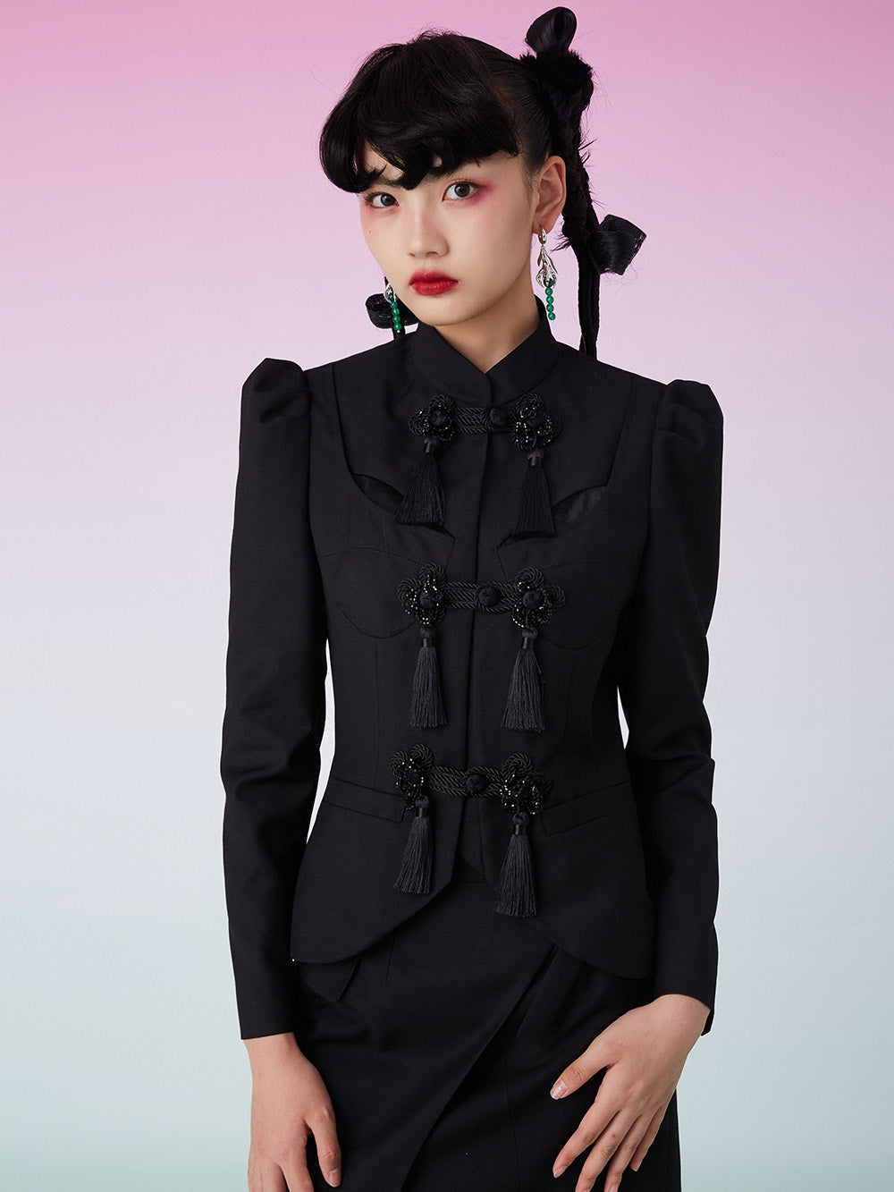 MUKZIN Shoulder Pads Fringe Black Suit Coat