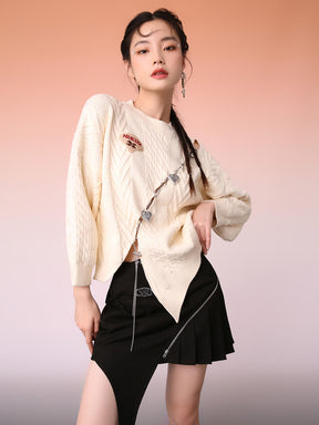 MUKZIN Irregular Slit White Sweater