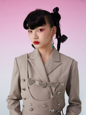 MUKZIN Contrast Heart Metal Decoration Khaki Suit Blazer Dress