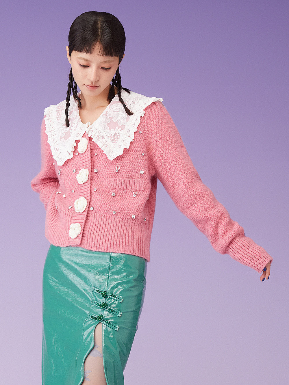 MUKZIN Knit V-Neck Rhinestone Studded Floral Button Pink Sweater
