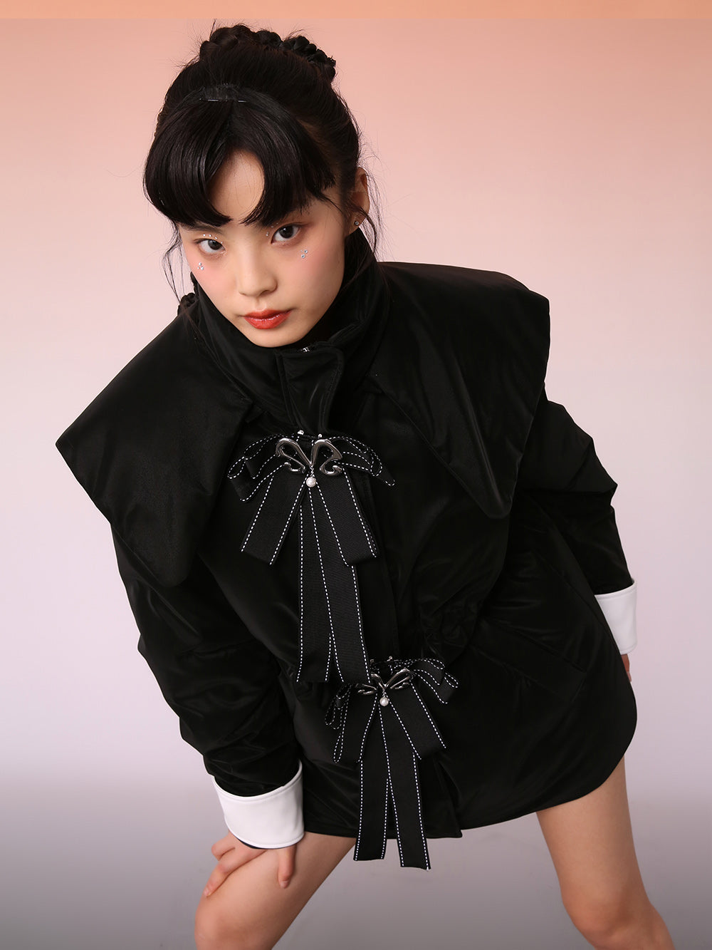 MUKZIN Black Bow Mid-Length Cute Style Down Jacket