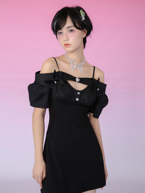 MUKZIN Black Slim Collar Bow Cutout Dress