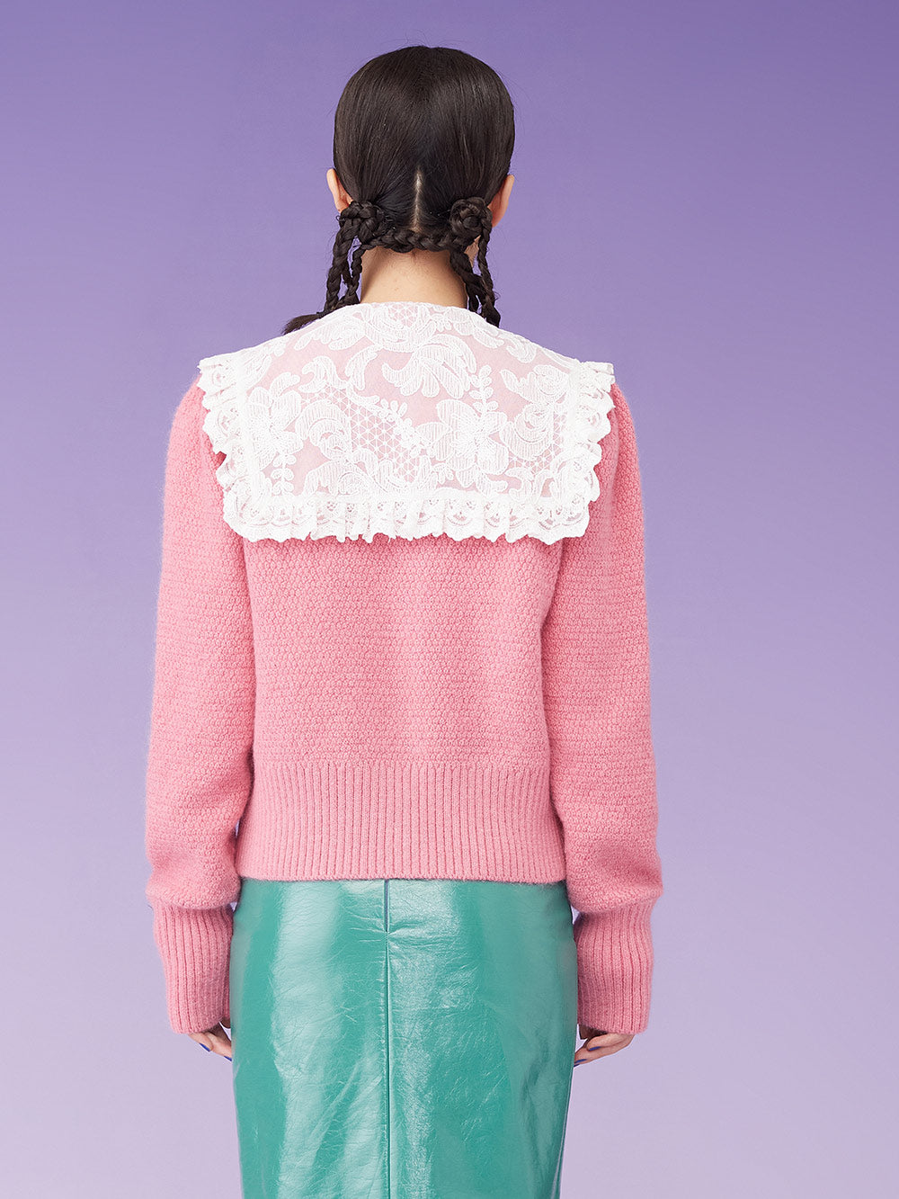 MUKZIN Knit V-Neck Rhinestone Studded Floral Button Pink Sweater