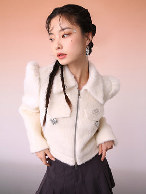 MUKZIN White Elegant Slim Fit Fur Jacket