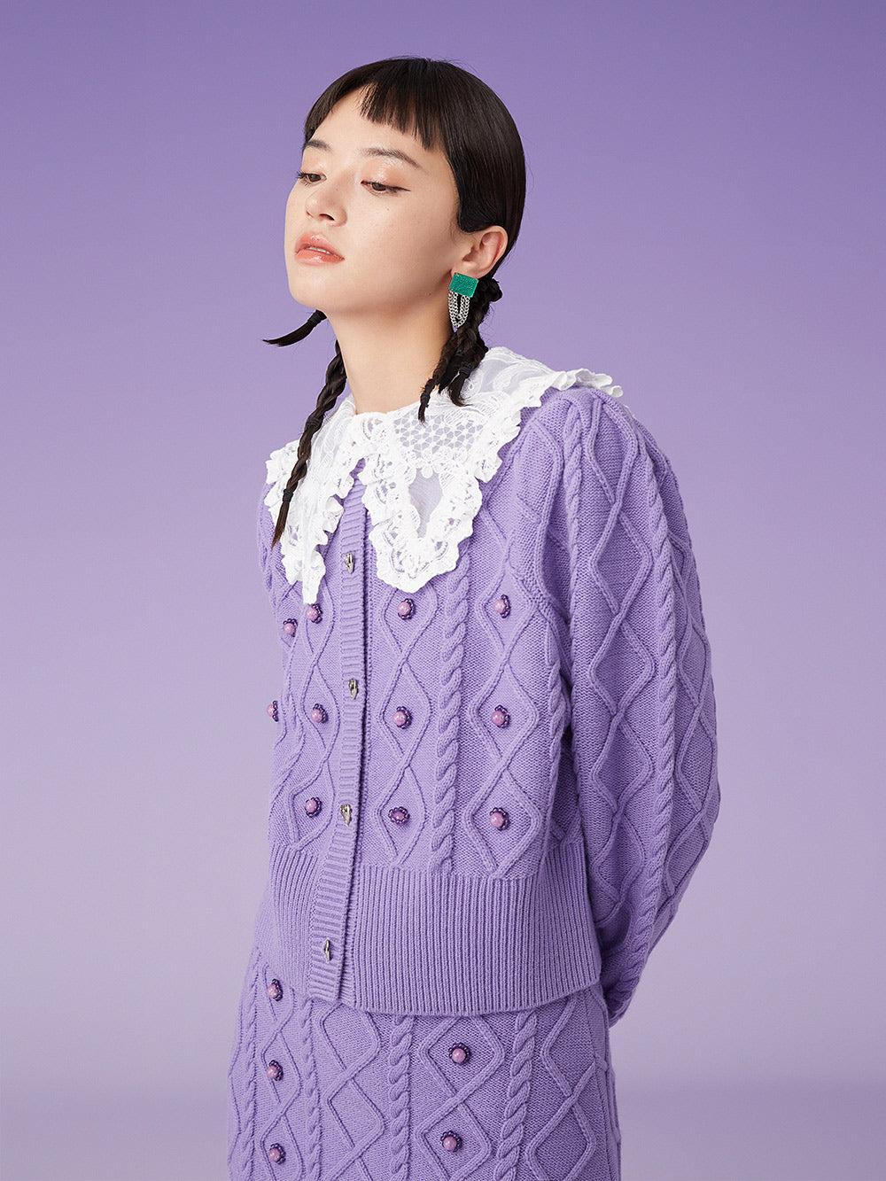 MUKZIN Criss Cross Knit Doll Collar Pueple Cardigan