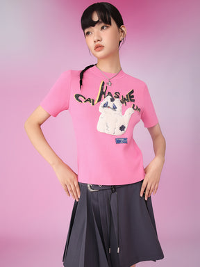 MUKZIN Pink Applique Embroidery Knit Short Round Neck T-shirts