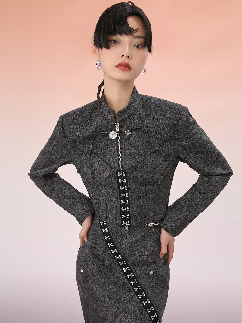 MUKZIN Black Chinese Style Buckle Design Cropped Jacket