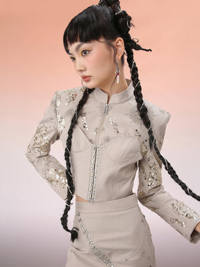 MUKZIN Short Cheongsam Diagonal Collar Paillette Chinese Jacket