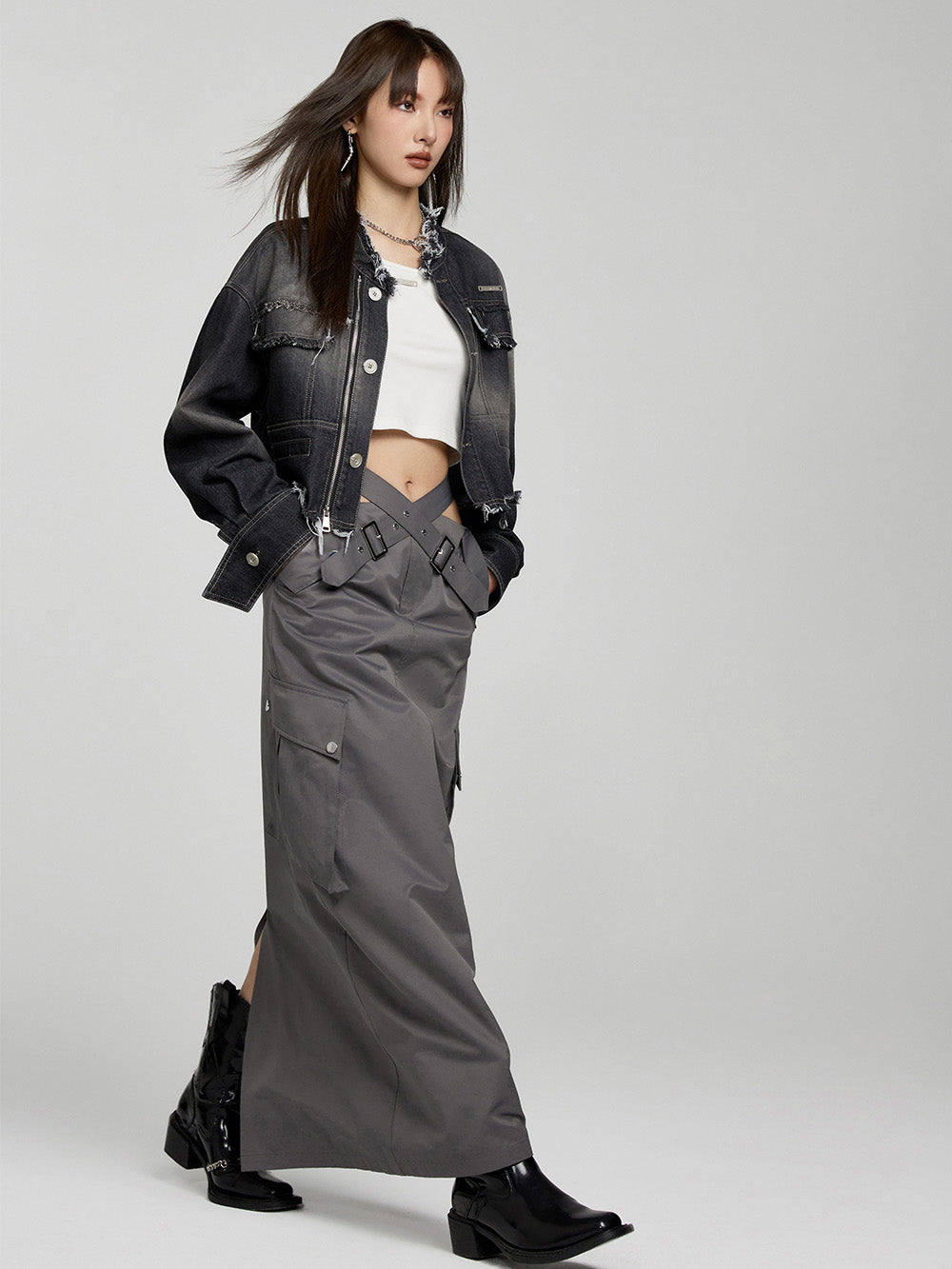 MUKTANK×WESAME Casual Fashion Cross Belt Design Skirt Slit Slim