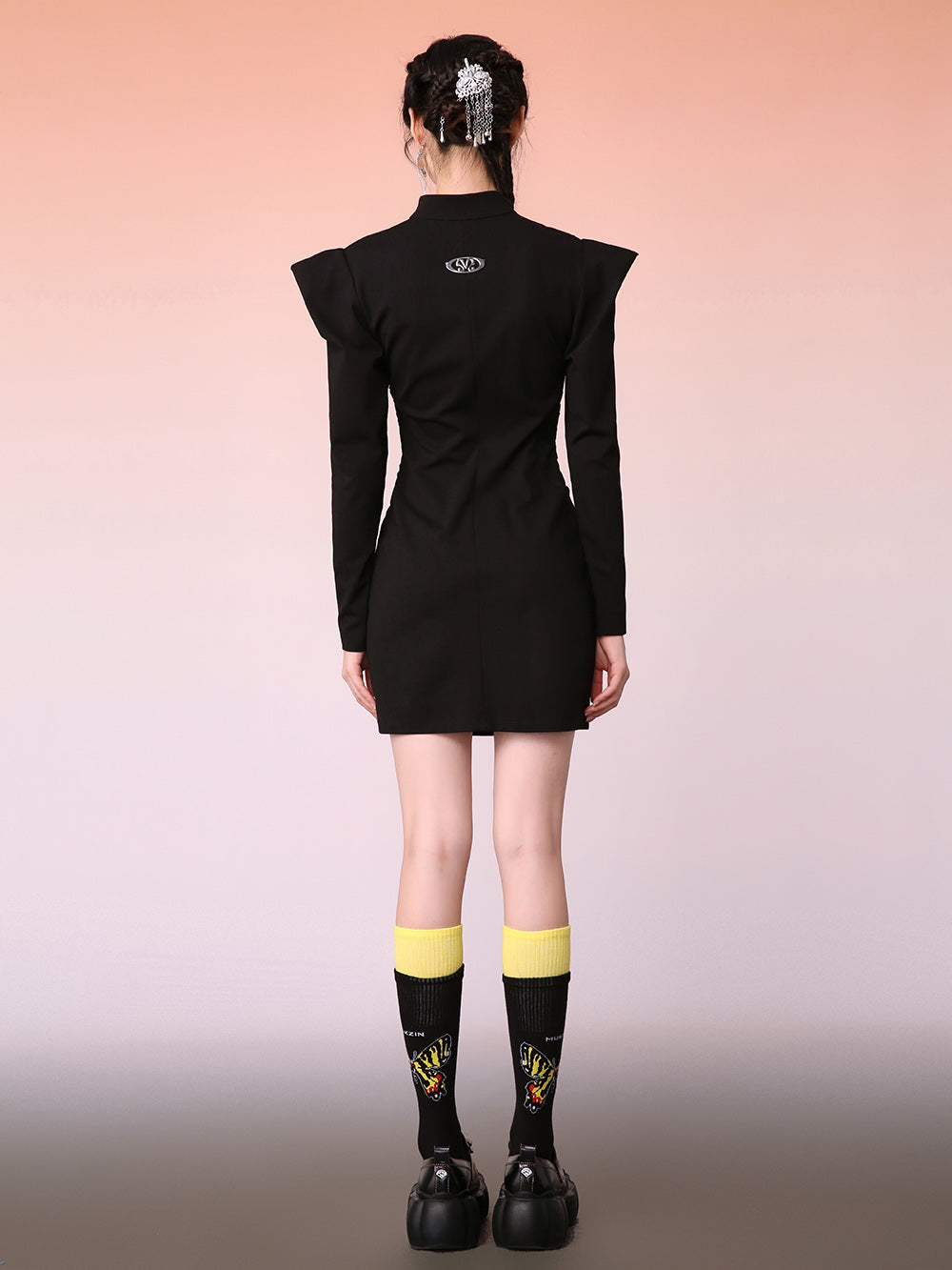 MUKZIN Mid-Length Slanted Placket Black Cheongsam Dress
