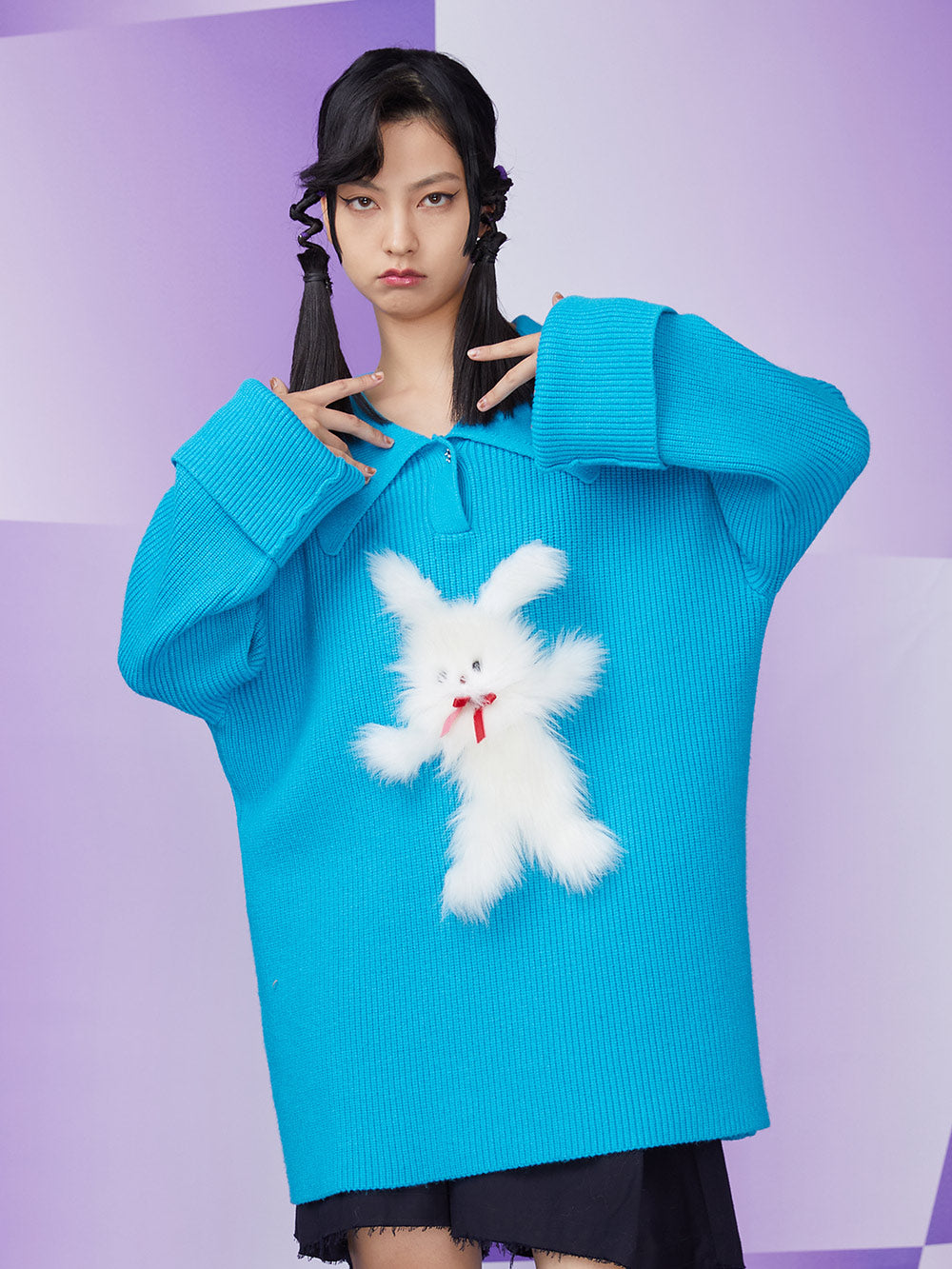 MUKZIN Rib-Knit Retro Loose Polo Neck Pullover Blue Sweater