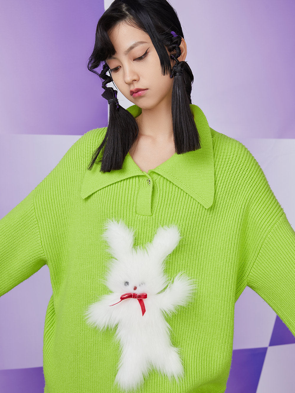 MUKZIN Rib-Knit Retro Loose Polo Neck Pullover Green Sweater