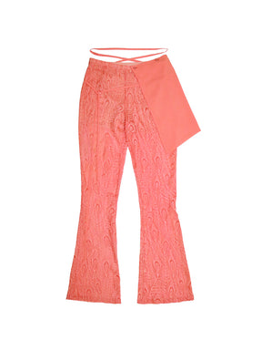 MUKTANK X COOLOTHES Smudged Bird Feather Textured Chiffon Lace-Up Bag Flare Pink Pants