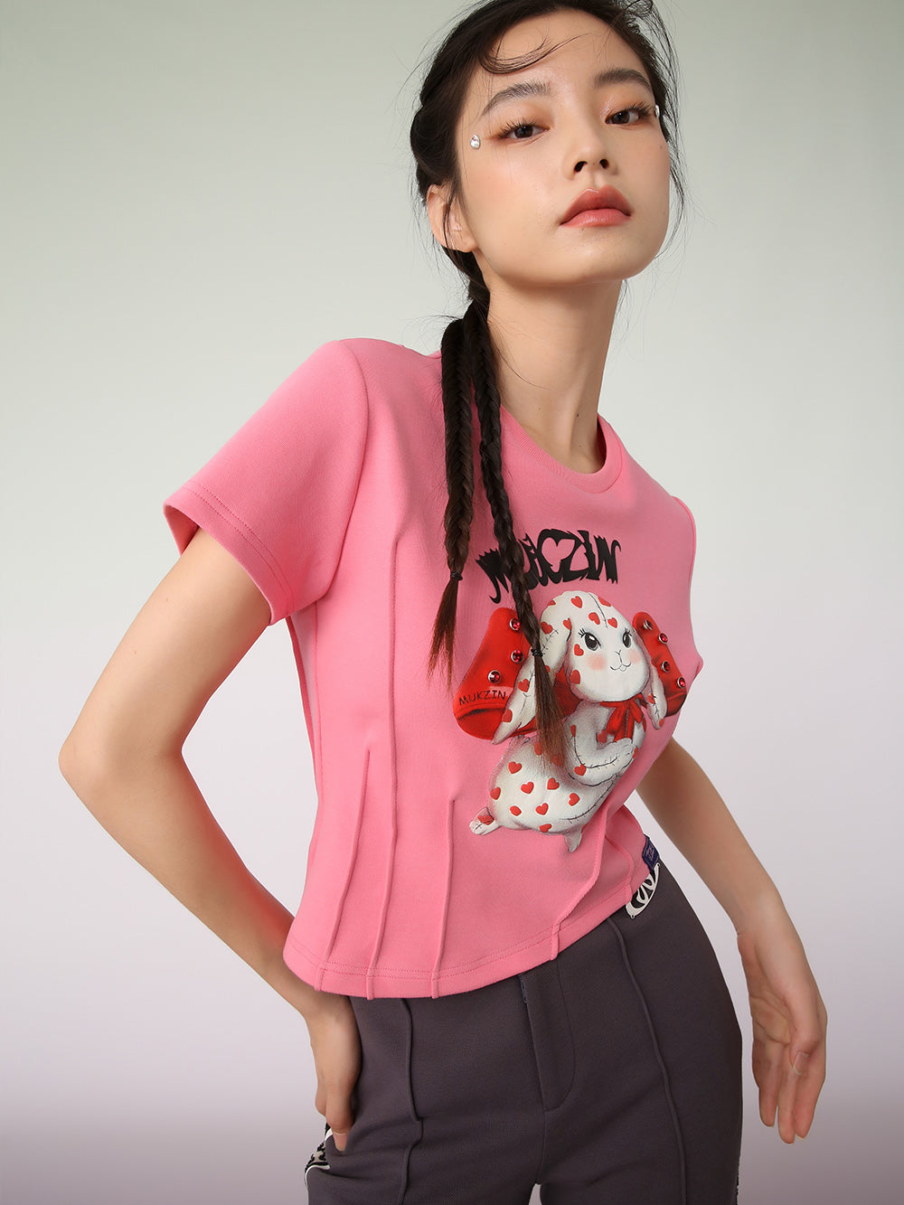 MUKZIN Pink Joint Irregular Hem Design Rabbit T-Shirt