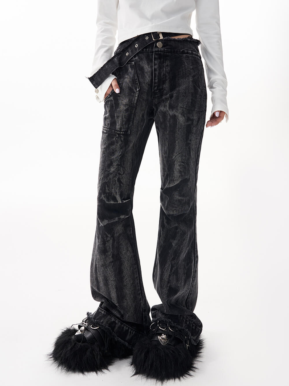 MUKTANK Ⅹ WESAME Retro Slim Casual Tight High Waist Black Denim Flared Pants