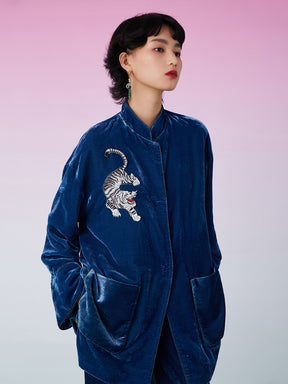 MUKZIN Silk Velvet Retro Tiger Patched Blue Shirt CNY “year of the tiger” Edition