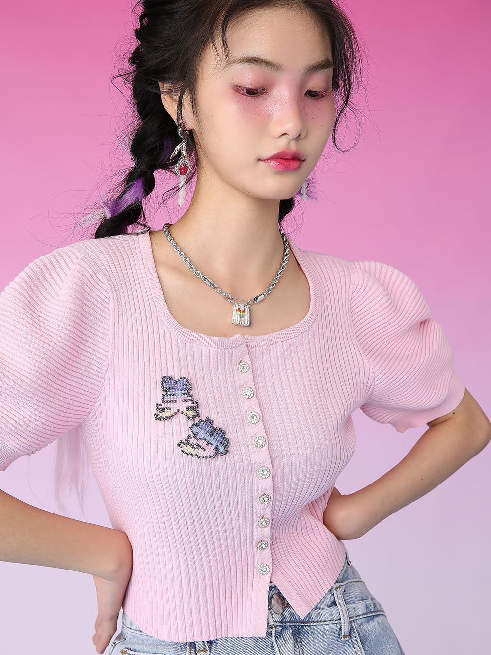 MUKZIN Short Sleeve Pink Knitted Sweater