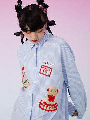 MUKZIN Blue Striped Loose Shirt With Cute Decorative Patterns
