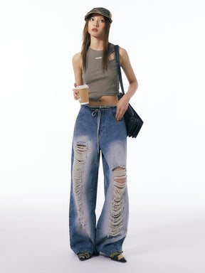 MUKTANK×WESAME Street Style Hollowed Washed Loose Wide-leg Jeans
